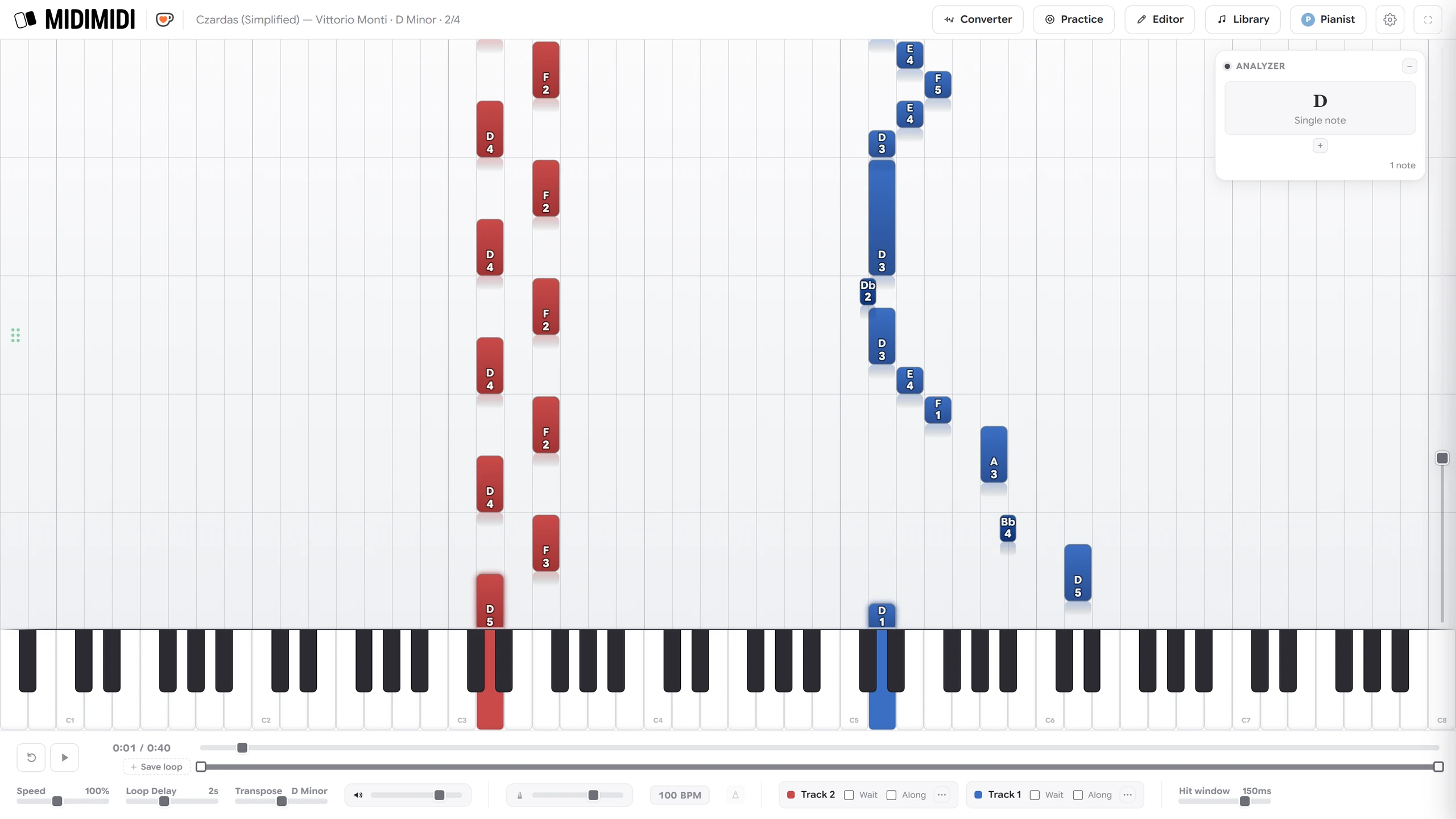 Notes falling towards an on-screen piano keyboard, blue for the right hand and red for the left, each showing its note name and suggested finger number