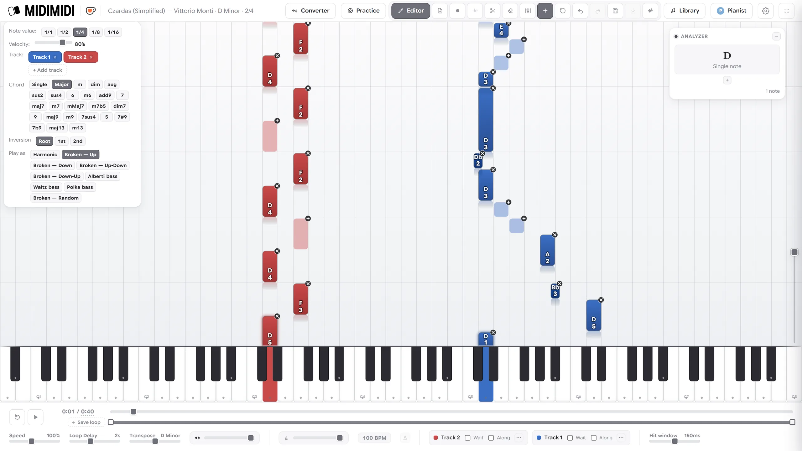 The note editor with a chord palette, note length and velocity controls, and notes being drawn onto the falling-note area