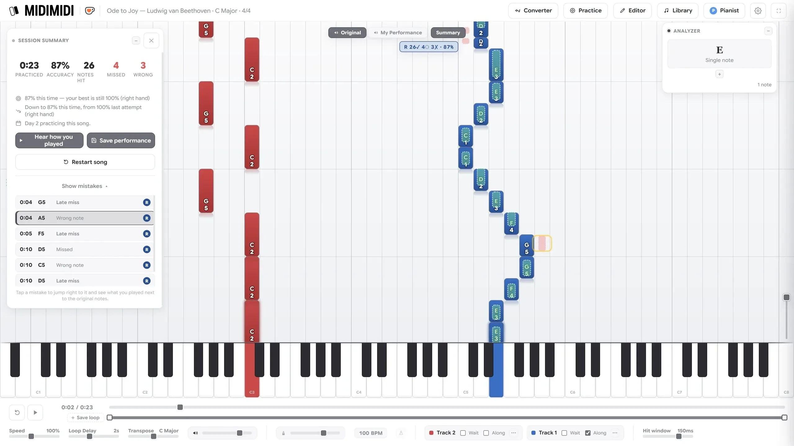 A session summary showing 87% accuracy, 26 notes hit, 4 missed and 3 wrong, with a list of individual mistakes and the time each happened