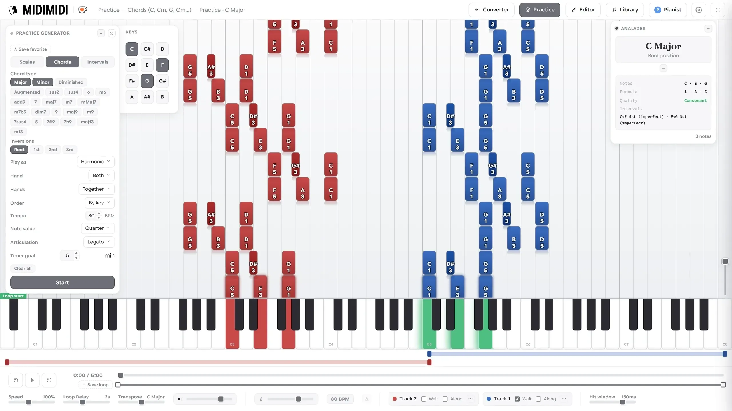 The practice generator set to chords, showing chord types, inversions, playing style, hand and tempo options, with generated chords falling on screen